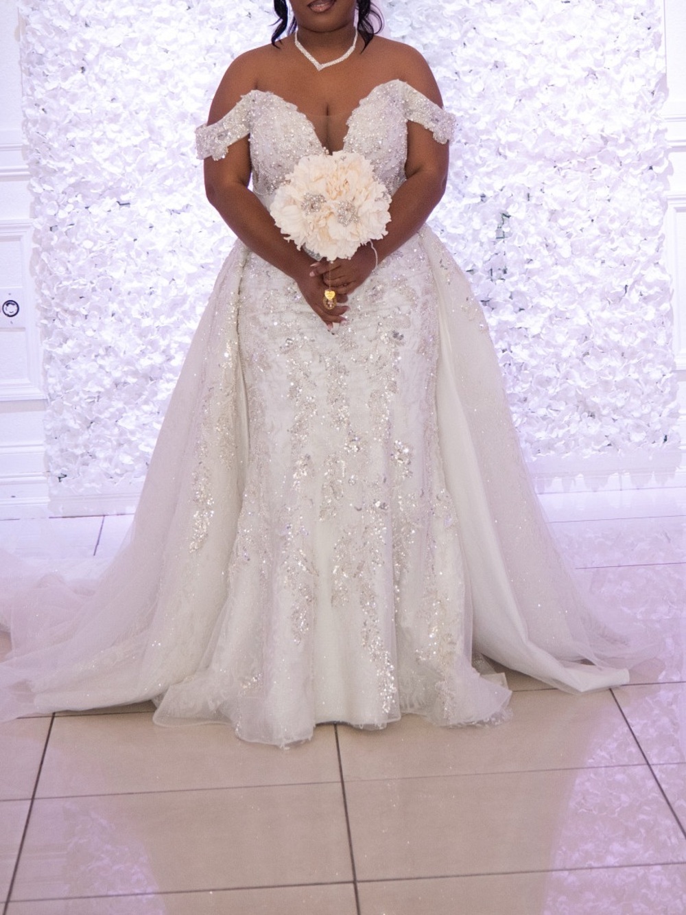 Off-the-Shoulder White Bridal Gown with Beaded Embellishment